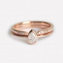 wedding photo - Rose Gold Diamond Engagement Ring Set, Pear Diamond Ring With Open Diamond Band, Pear Engagement Ring With Pave Diamond Ring