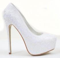 wedding photo - Lace Overlay Glitter Almond Toe Stiletto Platform Pump