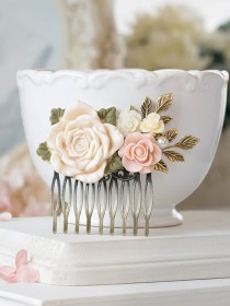 wedding photo - Bridal Hair Comb Large Ivory Blush Pink Rose Pearl Antique Gold Brass Leaf Branch Hair Comb Rustic Vintage Wedding Country Wedding Victorian