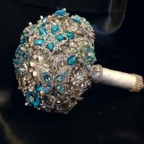 wedding photo - Blue Wedding Brooch Bouquet. Deposit on Peacock Crystal Bling Diamond Bridal Broach Bouquet. Turquoise Sapphire Teal Jeweled Bouquet