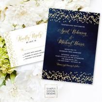 wedding photo - Navy Wedding Invitation Suite - Faux Gold Glitter Confetti and Navy Wedding Invitation Reply Card Invitation Printable