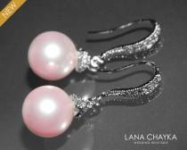 wedding photo - Rosaline Pink Pearl Earrings Swarovski 10mm Light Pink Pearl CZ Silver Earrings Blush Pink Pearl Bridal Earrings Bridesmaid Pearl Jewelry