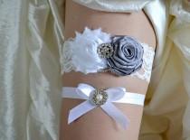wedding photo - Beautiful Grey and White Bridal Garter Set - Grey Keepsake, Wedding Garter - Chiffon Flower Rhinestone Lace Garters - Vintage Garter.