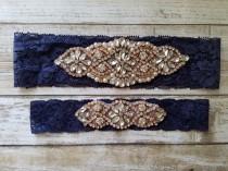 wedding photo - Sale -Wedding Garter and Toss Garter-Crystal Rhinestone with Rose Gold Details - Navy Blue Lace - Style G20903RGNV