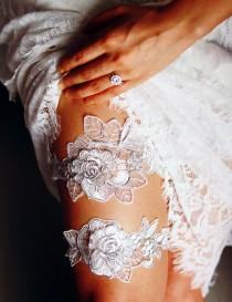 wedding photo - Bridal Garter Set Wedding Garters Keepsake Garter Toss Garter - Antique White Ivory Silver Flower Lace Garter Belt