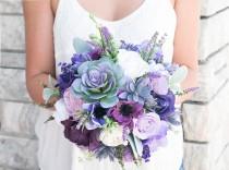 wedding photo - Lush Plum Purple Lilac Wedding Succulent, Anemones and Sprays Silk Flower Bride Fall Rustic Bouquet