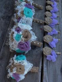 wedding photo - Beautiful lavender and teal burlap bouquets with pearls and baby's breath accents(listing is for one bridal bouquet)
