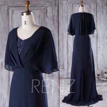wedding photo - 2016 Navy Chiffon Bridesmaid Dress with Lace, V Neck Wedding Dress, Long Prom Dress, Ruffle Sleeves Evening Gown Floor Length (H350)