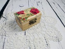 wedding photo - Decoupage romantic red roses engagement / Wedding ring box, pillow rustic woodland natural shabby chic brown cream proposal