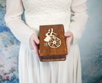 wedding photo -  Wedding rings box/engagement ring box book shaped, vintage bicycle couple wedding pillow rustic looking old jute burlap shabby chic