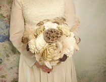 wedding photo -  READY to SHIP Cream brown rustic boho wedding BOUQUET Ivory Flowers natural feathers raw cotton sola roses dried lotos lace