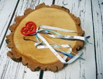 wedding photo -  Flowergirl wand white red wooden heart satin ribbons in blues custom colors