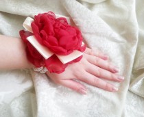 wedding photo -  Wrist Corsage, Red creme satin flower, bridesmaid Corsage hand made silk flower faux pearls bracelet