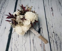 wedding photo - Winter autumn wedding rustic woodland small bridal bridesmaid BOUQUET ivory Flowers pine cones sola roses burgundy leafs lace pearl pins