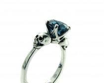 wedding photo - Valentines Skull Ring Size 7.75 READY TO SHIP Blue Topaz Skull Engagement Ring Goth Jewel Ring Blue Gemstone Memento Mori Ring Psychobilly