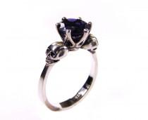 wedding photo - Skull Engagement Ring, Valentines Gift Size 6 READY TO SHIP Sapphire Blue Tanzanite Iolithe Sterling Goth Ring Blue Memento Mori Womens Ring