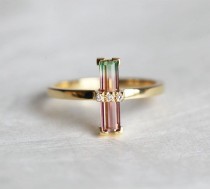 wedding photo - Watermelon Tourmaline Ring, Bi Color Tourmaline Ring, Unique Engagement Ring, Baguette Engagement Ring, Gold Tourmaline Ring