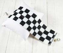 wedding photo - Bracelet black and white , checkerboard pattern , woven on a loom , black bracelet , bracelet with beads , white bracelet , wide bracelet