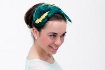 wedding photo - Vementry -Green Headband made with feathers and detail of golden leaves