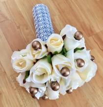 wedding photo - Ivory Silk Flower Bridal Bouquet - Gold Pearls - Crystal Diamente Gem Wedding Bouquet