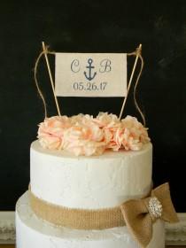 wedding photo - Anchor Cake Topper Nautical Beach Navy Flag Bunting Banner Initials & Date Personalized Nautical Cake Topper Navy Wedding Beach Wedding