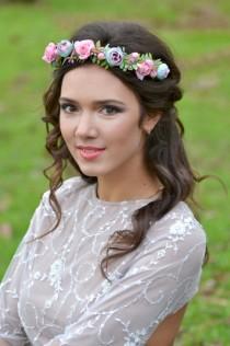 wedding photo -  Wedding flower crown Pastel pink blue Flower girl wedding halo Roses ranunculus wreath Bridal floral crown Pink blue wedding headband