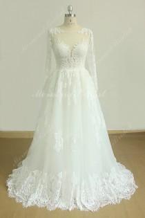 wedding photo - Romantic a line french lace wedding dress with keyhole back and long seelves