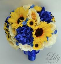 wedding photo - 17 Piece Package Wedding Bridal Bouquet Silk Flowers Bouquets Artificial Sunflower Royal BLUE YELLOW IVORY "Lily of Angeles" BLYE06