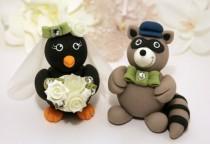 wedding photo - Penguin and Raccoon wedding cake topper, customizable with banner