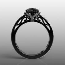 wedding photo - Exclusive 14k black gold lotus filigree engagement ring,7mm round natural Onyx, AKR-489