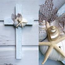 wedding photo - Seashell Cross on Reclaimed Wood/Beach House Decor/Beach Wedding Cross