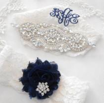 wedding photo - Wedding Garter Set MONOGRAM OPTION Lingerie Lace Classic Pearls and Rhinestone Setting Shabby Rose Bridal Garter Set