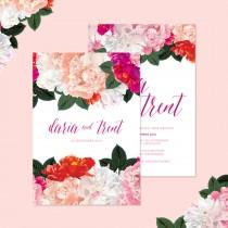 wedding photo - Bright and Fun Floral Wedding Invitations • Ready to Post Invitations • Pink and Peach Peonies with Elegant Calligraphy