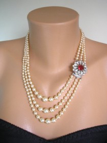 wedding photo - Pearl And Ruby Necklace, Pearl Choker, Mother of the Bride, Bridal Jewelry, Great Gatsby, 3 Strand, Ruby Choker, Wedding Jewelry, Deco