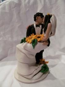wedding photo - Romantic Hand Sculpted Custom Wedding Cake Topper, Sunflowers, Polymer Clay