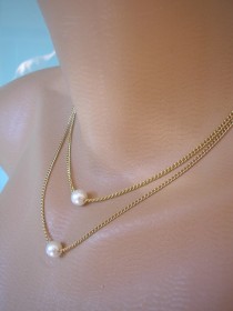 wedding photo -  Minimalist Pearl Necklace, Pearl Choker, Floating Pearl Necklace, Bridesmaid Gift, Layered Jewelry, Delicate Jewelry, Double Strand, Gold