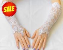 wedding photo - Long lace gloves, white wedding gloves, bridal gloves, evening gloves, prom gloves 13.5"