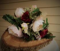wedding photo - Blush pink and burgundy peony bridal keepsake wedding bouquet, faux bouquet, silk flower bouquet, fern bouquet, artificial bouquet