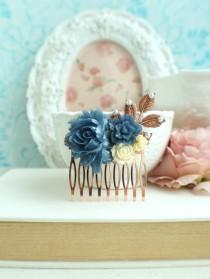 wedding photo - Rose Gold Bridal Comb, Navy Blue Flower Hair Comb, Rose Gold Blue Rose Comb, Rose Gold Blue Wedding Comb, Navy Blue Something Blue Wedding