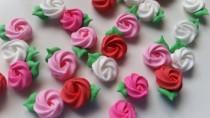wedding photo - Mini Valentine's Day royal icing rosettes -- pink, white, red -- Cake decorations cupcake toppers (24 pieces)