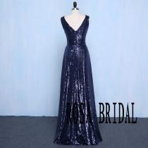 wedding photo - Sequin Bridesmaid Dress Navy Blue Long V Neck Sequins Wedding Prom Dress Custom Size color