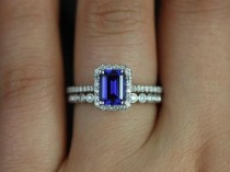 wedding photo - Lisette 7x5mm & Petite Bubbles 14kt White Gold Emerald Cut Blue Sapphire And Diamonds Halo Wedding Set (Other Center Stone Available)