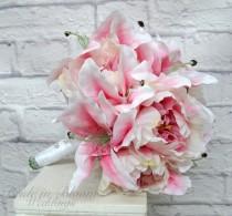 wedding photo - Pink stargazer lily wedding bouquet, Pink peony bouquet, Silk bridal bouquet, Wedding flowers