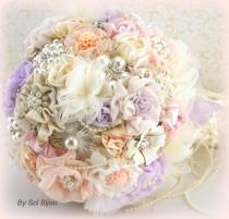 wedding photo - Brooch Bouquet, Peach, Lilac, Ivory, Blush, Pastels Bouquet, Elegant Wedding, Vintage Wedding, Linen, Lace Bouquet, Crystals, Pearls