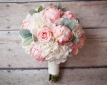 wedding photo - Shabby Chic Wedding Bouquet - Peony Rose and Hydrangea Ivory and Blush Wedding Bouquet with Lace Wrap and Lambs Ear