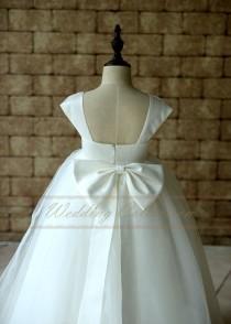 wedding photo - Flower Girl Dress Cap Sleeves Tulle Satin Gown Floor Length with Bow