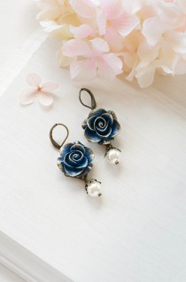 wedding photo - Navy Blue Rose Cream White Pearl Dangle Earrings Gold Navy Blue Wedding Bridal Earrings Bridesmaid Gift Valentines day gift for her