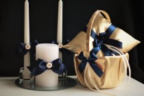 wedding photo -  Gold Navy wedding basket   Gold Ring Bearer Pillow   Navy unity candles \ Navy Wedding Candles \ Navy flower Girl Basket \ Navy Ring Holder