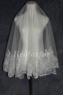 wedding photo - Lace edge wedding veil,Bridal veil,white ivory Long veil, sparkly sequined veil ,1.5m