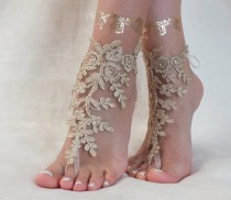 wedding photo -  Gold Beach wedding barefoot sandals, french lace sandals, wedding anklet, Beach wedding barefoot sandals, embroidered sandals